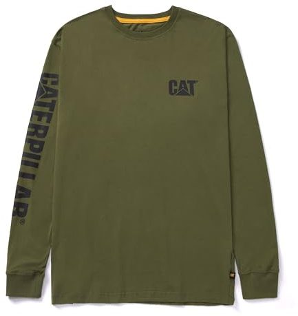 Caterpillar Trademark Banner Long Sleeve Tee Shirts for Men with Center Back Neck Wire Management Loop and Cat Workwear Logo - Chive, X-Large