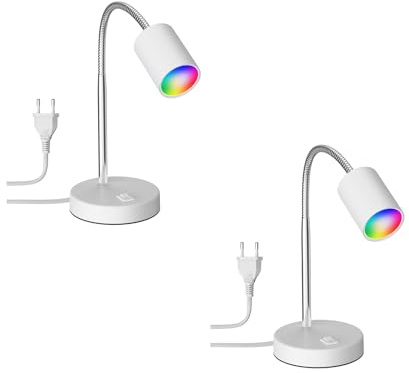 ledscom.de 2x Tischleuchte WAIKA mit Schwanenhals und Schalter weiß matt, inkl. Smart Home RGBW GU10 LED Lampe, 5,41W, 473lm