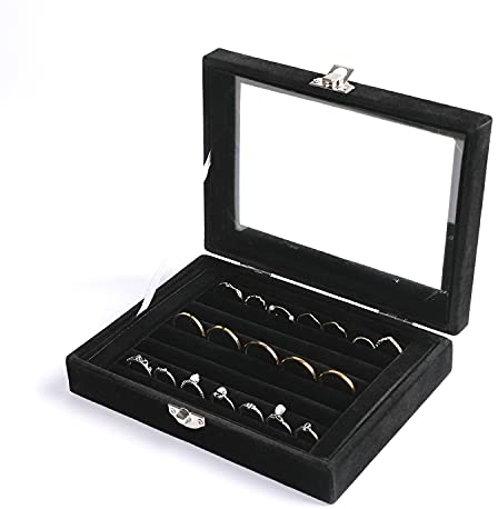 Frebeauty Ringe/Ohrring-Organizer-Tablett mit transparentem Deckel, 7 Fächer, Samt-Schubladeneinsatz, Schmuck-Aufbewahrungsbox, Schmuck-Vitrine, Schmuckkästchen, Geschenk (Schwarz,7 Fächer)