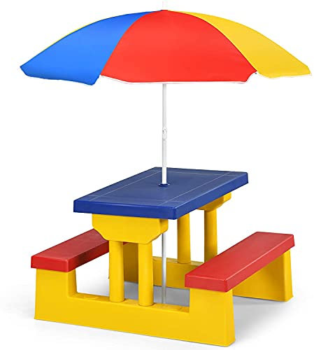GYMAX Mobili da Giardino per Bambini in PP e Nylon, Set di Mobili per Bambini con Tavolo, Panchine e Ombrellone, Utilizzabili all’Aperto e al Chiuso (omrellone colorato)