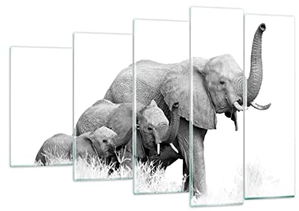 Mehrteilige Bilder auf Glas 150x100cm Glasbild Elefanten Familie Schwarz und Weiß Groß XXL Wanddeko Schlafzimmer Küche Set 5 teilige Wandbilder Dekoration Wohnzimmer Modern Wand Art GEG150x100-4374