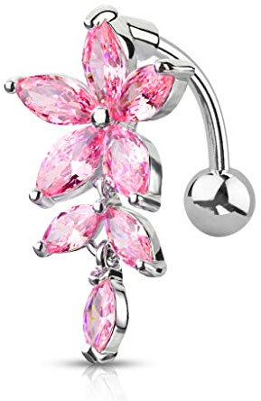 ile aux piercings Piercing nombril inversé grosse fleur pétale strass rose pink acier chirurgical 316L.