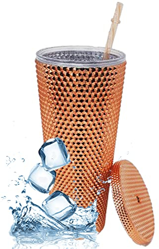 Kunststoffbecher mit Nieten – Doppelwandiger Kaltbecher aus Kunststoff mit Deckel und wiederverwendbarem Strohhalm für Eiskaffee, Wasser, Slush oder Smoothies, 700 ml, metallischer Coper
