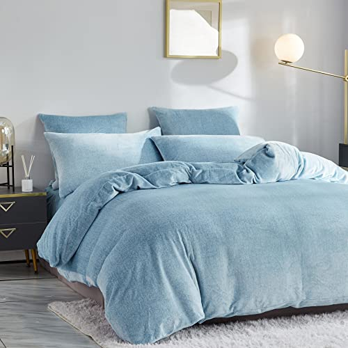Luofanfei Fleece Flauschige Bettwäsche Winter 220x240 Blau Cashmere Touch Microfaser Thermo Plüsch Bettwäsche 240 x 220 Frottee Nicki Samt Weiche Hellblau Uni Teddy Fleece Winterbettwäsche Set