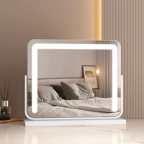 EMKE Hollywood Spiegel mit 3 Lichtfarben, Schminkspiegel mit Beleuchtung, 2-in-1 Tischspiegel & Wandspiegel, Schminktisch Spiegel, Einstellbare Helligkeit mit Memory-Funktion 50x42cm (Weiß)