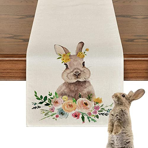 RZXBB Tischläufer Ostern Leinen,Hase Osterhase,Tischläufer Frühling Ostern Kaninchen 183x33cm,Ostern Tischläufer Gobelin,Ostertischdecke für Drinnen und Draußen Urlaub Party Wohnzimmer Dekor (D)