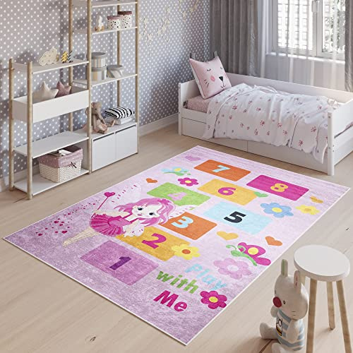 TAPISO Emma Kinderteppich Rosa Bunte Zahlen Lernen Antirutsch 120 x 170 cm | Waschbar bei 30 Grad bedruckter Kinderteppich Kinderzimmer Jugendzimmer Modern OEKO-TEX