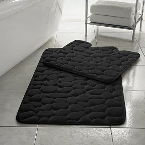 Pebbles Non- Slip Memory Foam Bath Mat/ Toilet Mat Set Black