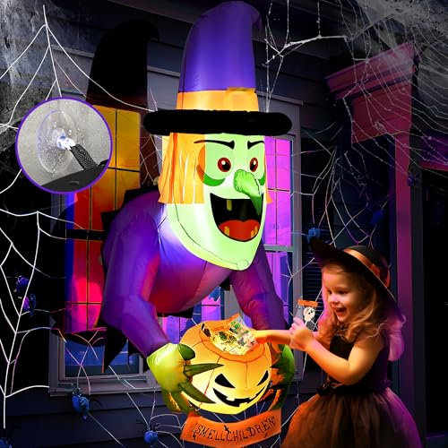 Solpex Halloween deko, Halloween Aufblasbar Hexe Dekoration mit Kürbis, 135cm/ 4FT Eingebaute weißes LEDs, Gruseliger aufblasbarer Hexe für Party, Garten, Fenster (grün & lila)