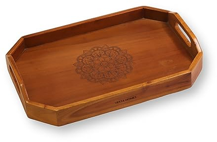 Vesta Homes Acacia Wood Serving Tray for Home/Kitchen/Restaurant/Office Organizer/Dining Table | Premium Serving Trays | 48 x 33 x 8 cm | Handcrafted in India