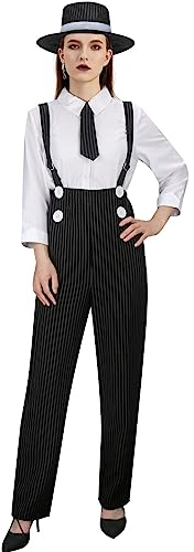 NUWIND 1920er Jahre Gangster Kostüm für Damen Mafia Nadelstreifen Hose Overall Hemd Krawatte Hut 20er Jahre Outfit Vintage Gangsterboss Anzug (XXL)