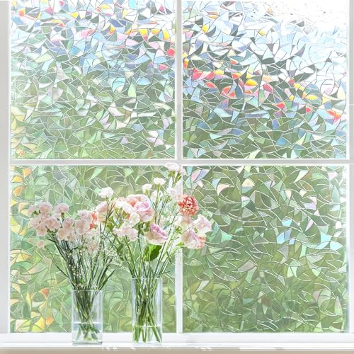 Linarun Fensterfolie Blickdicht Selbsthaftend,Sichtschutzfolie Fenster Bunt,3D Regenbogen Folie Fenster Statisch Haftend ohne Klebstoff Anti UV Sonnenschutz für Büro Wohnzimmer 44.5x200cm