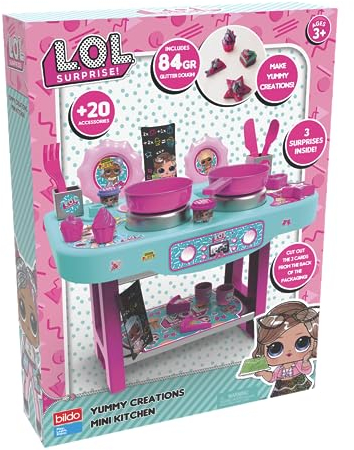 L.O.L Surprise Yummy Creations Mini-Küche – Kinder Pretend Kitchen Rollenzahl-Set mit über 20+ Zubehör, 3 Dosen Teig für Kinder