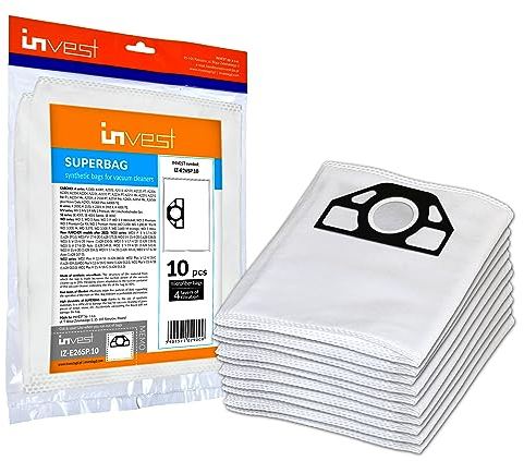 Invest - Staubsaugerbeutel Ersatz, Filtertüten Beutel Kompatibel mit Kärcher: WD3, MV3, A1000, A1001, A2101, A2111, A2131, A2131 PT, A2201, A2201, A2204, A2204, A2231, A2231 PT - Weiß, 10 Stück
