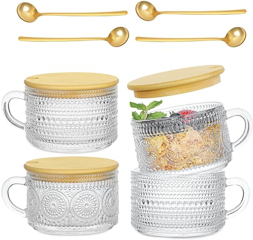 Winter Shore 400 ml Vintage-Espressotassen Set mit Bambusdeckeln & Löffeln (4er-Pack) - Cappuccino Tassen für Overnight Oats, Eiskaffee & Latte - Gefrierschrank- & Spülmaschinenfeste Kaffee Gläser