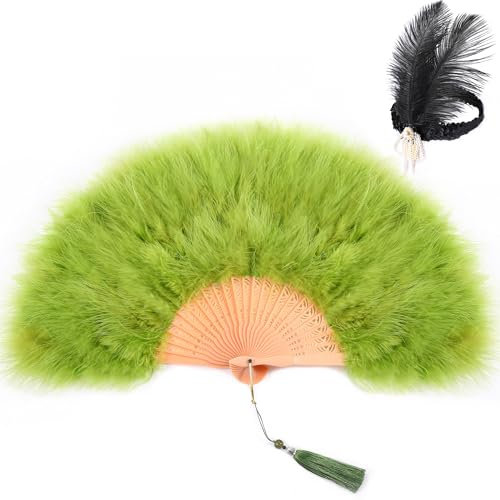 SOGUGOM Green Feather Fan with Headband - Renaissance Fan,Rave Fan,Hand Fan Foldable,Marabou Feather Fan for Carnival Party,Clothing Accessories and Party Decorations(Lime Green)