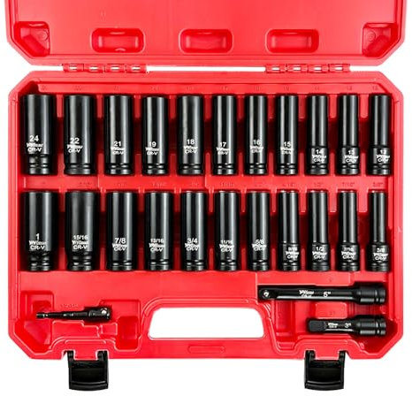 YIYITOOLS 25Pcs 1/2 Drive Deep Impact Socket Set, SAE & Metric (12-24mm, 3/8-1inch), Including 3, 5 Extension Bars and 1/2-1/4 Adapter, 6-Point, CR-V Steel