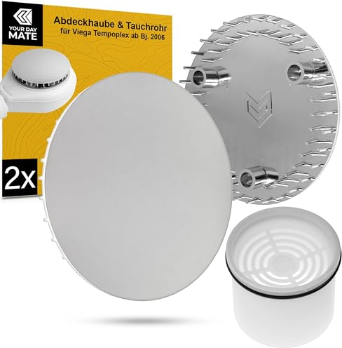 Abdeckhaube und Tauchrohr Set für Duschabfluss, Ø 115 mm, kompatibel mit Viega Tempoplex Ablaufgarnitur ab Baujahr 2006, für Duschwanne mit Ablaufloch Ø 90 mm, verchromter ABS ASA Deckel, Rohrstück
