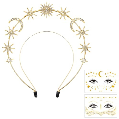 Haarreif Sonne Mond und Sterne,Sonne Krone Sterne Kristall Stirnband mit 2 Sonne Temporäre Tattoos,Glitzer Sonne Mond Sterne Haarreif Zubehör für Frauen Boho Hochzeit Karneval Kopfschmuck (Sonne)