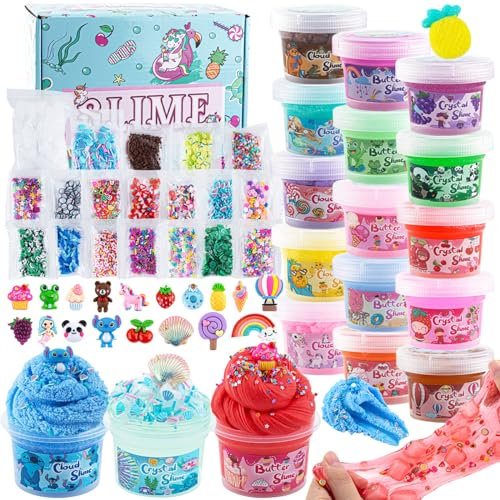 Okaybee 18 Pack Slime Kit Includes 6 Butter Slime, 6 Cloud Slime & 6 Clear Crystal Slime, 48 FL OZ Big Premade Slimes, Slime Party Favors for Kids, 56 Pcs Slime Pack with Jelly Cube Slime Add-ins