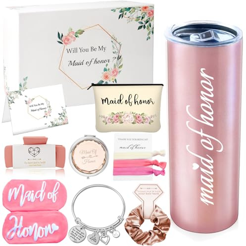 Mhoel Stainless Steel Maid of Honor 20oz Rose Gold Tumbler - Wedding Gift, Dishwasher Safe, Reusable