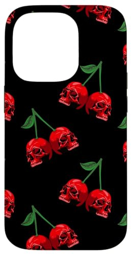 Cute Cherry Skull Pattern Red Scary Skulls Black Background Case for iPhone 14 Pro