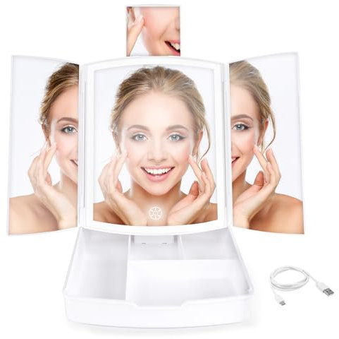 Singwow Makeup Mirror with LED lights, 1X/5X Tri-fold Magnifying Vanity Mirror with Storage, Touch Screen Brightness Adjustable Cosmetic Mirror with 180° Rotation (3 fold with storage)