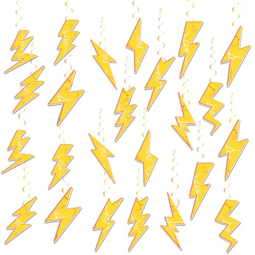 24 Pieces Lightning Hanging Swirls Flash Weather Streamers Gold Lightning Hanging Decorations Ceiling Swirls for Yellow Lightning Birthday Party Decorations Party Supplies Baby Showers Decorations