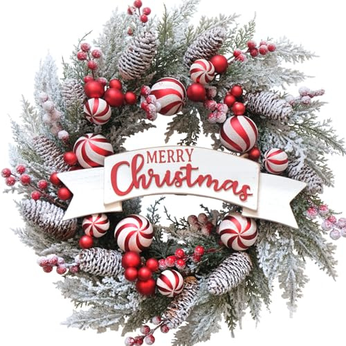 Egolot Künstlicher Weihnachtskranz für Haustür mit Kugeln, Beeren, Frost, Tannenzapfen, Weihnachtsdekorationen für Innen- und Außenbereich, Wand, Fenster, Zuhause, Urlaub, Weihnachtsdekoration