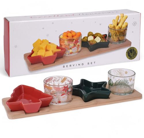 MIJOMA Juego de vajilla de Navidad X-MAS – Tabla de madera de 5 piezas con cuencos de porcelana y cristal – Perfecto para tapas, quesos, salsas y dulces