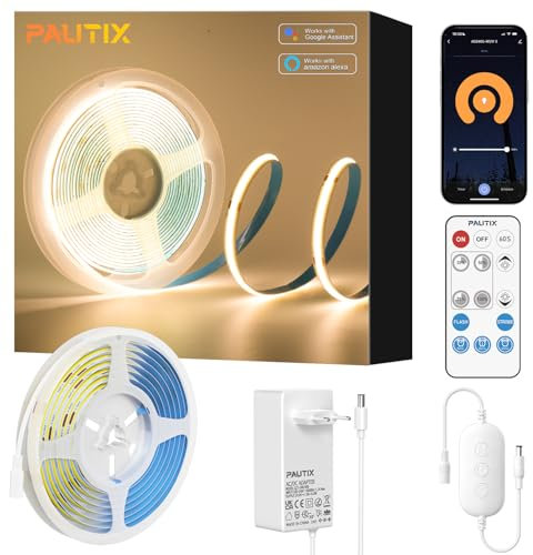 PAUTIX WIFI COB LED Tira Blanco Cálido 2700K 5M,480LEDs/M Regulable 24V LED Tira Flexible CRI90+ Brillo,Inteligente Función con Alexa,RF Remoto y Alimentación para decoración del Hogar de Bricolaje