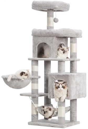 Heybly Arbre à Chat, Tour de Grimpe à Tige à Griffer Multi-Étagé de 145 Centimètres de Hauteur, Équipé de Deux Grandes Plateformes, d'une Grande Hâmatte, d'un Panier à Chat, Gris fumé HCT016W