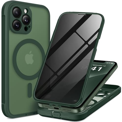 BERFY Magnetic for iPhone 13 Pro Max Case, Compatible with MagSafe, Built-in Privacy Screen Protector and Upgraded Camera Protection, Anti-Spy Full Body Shockproof Phone Case for 13 Pro Max 6.7,Green