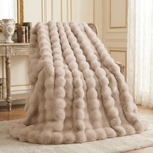 L'AGRATY Faux Fur Throw Blanket: 50 x 60 Luxury Soft Fluffy Rabbit Fur Blankets Twin for Couch Bed Sofa - Cozy Plush Bubble Blankets for Winter: Flannel Fleece Decorative Blanket(Light Linen)