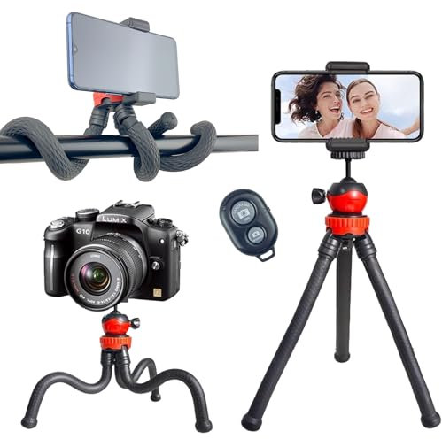 CNMTCCO - Trípode flexible para teléfonos inteligentes y cámaras con cabezal esférico ajustable de 360°, clip para teléfono extensible y mando a distancia inalámbrico Bluetooth para cámaras GoPro