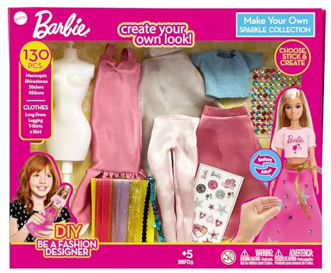 Barbie Lot de 130 pièces Sparkle Fashion | Vêtements de conception pour poupée avec strass, nœuds, autocollants et mannequins, vêtements de carpe Sparkle, cadeau pour filles à partir de 5 ans