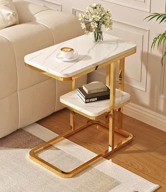 JDBDU Table d'appoint avec 2 étagères, aspect marbre, en forme de C, en marbre, pour salon, bureau, café, dortoir, 50 x 30 x 58 cm (doré + blanc)