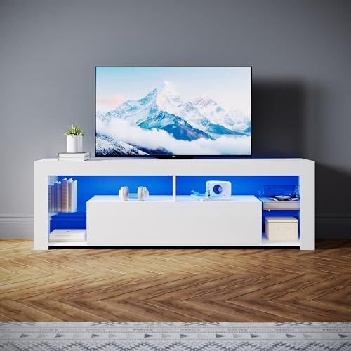 SONNI TV-Schrank Modern 160cm, Lowboard Hochglanz Weiß mit 16 Farben LED-Beleuchtung, Schublade, offene Glasböden, Fernsehtisch für Fernseher bis 65 Zoll Wohnzimmer & Schlafzimmer, 160x35x50.5cm