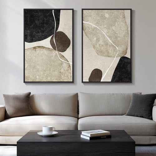 Große, gerahmte, neutrale, abstrakte Wandkunst, Set mit 2 Stück, moderne schwarze beige braune Leinwanddrucke, Gemälde für Wände, minimalistische Steinform-Bilder für Wohnzimmer, Esszimmer