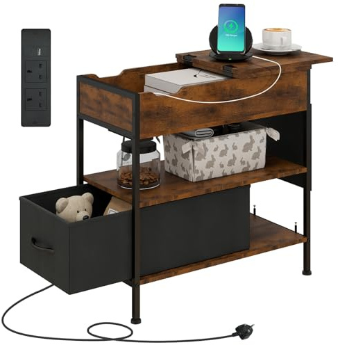 ARTETHYS Side Table with Charging Station, Narrow Bedside Table with Storage Drawer Shelf, Fabric Bag, Slim End Table with Flip-up Tabletop for Small Spaces, Living Room