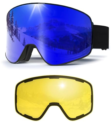 JQF Gear Skibrille Magnetisch YH212 Skibrille mit Wechselglas für Unisex | Skibrillen OTG UV-Schutz Anti-Nebel Vollständig Plattiertes REVO Verstellbarer Rutschfester Riemen,Snowboard Brille für Ski