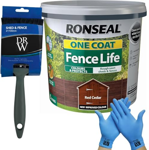 DRW One Coat Shed & Fence Protector 5L Red Cedar + Free 4 Fence Paint Brush & Nitrile Gloves | Long-Lasting Weatherproof Wood Protection | One Coat Formula for Sheds, Fences & Timber