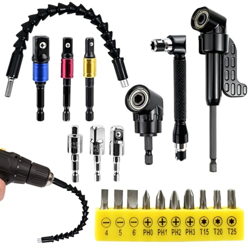 20 Stück 105°Winkelschrauber aufsatz Set,Winkelschrauber Vorsatz Adapter,Stecknuss Adapter,Winkelaufsatz für Akkuschrauber,Biegsame Welle Bohrmaschine für Elektrische Winkelbohrer