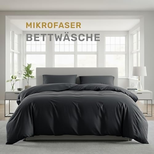 Lavea® Bettwäsche 155x220 cm, 4-teilig, 2 Bettbezüge 155x220 cm, 2 Kissenbezüge 80x80 cm, Mikrofaser, weich, atmungsaktiv, pflegeleicht, hypoallergen, Markenreißverschluss, Bettwäsche-Sets Anthrazit