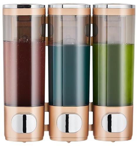 Pollock Seifenspender Wandbefestigung, 300ML*3 Shampoo Conditioner Dispenser, Duschgelspender für Dusche Ohne Bohren, Auslaufsicher, Shampoo Duschgel Spender für Hotel Zuhaus Badezimmer, Gold