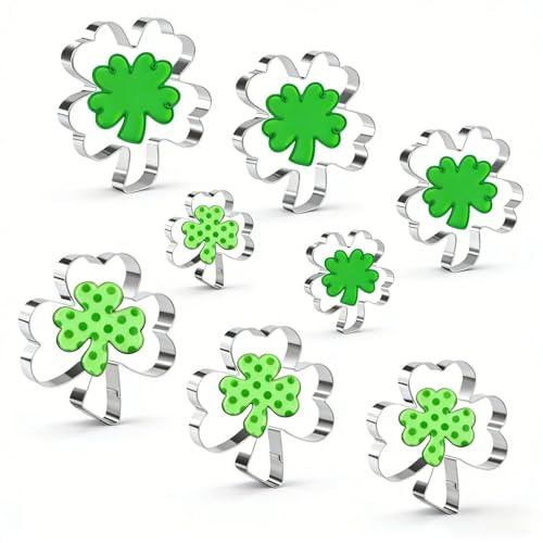 Kleeblatt Ausstechformen, 8 Stück Edelstahl für St Patrick's Day | Kleeblatt, vierblättriges Kleeblatt und Shamrock Formen für Plätzchenteig, Fondant und irisches Gebäck