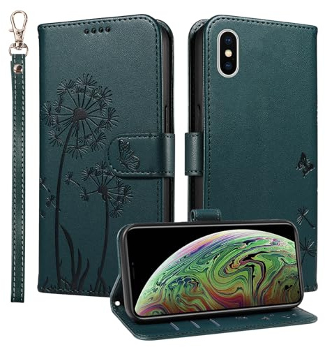 Trugox Wallet Case for Apple iPhone X/iPhone XS Phone Case Leather Dandelion with Credit Card Holder Purse Kickstand Folio Book Folding Flip Case Cover Women Shockproof - Teal Blue