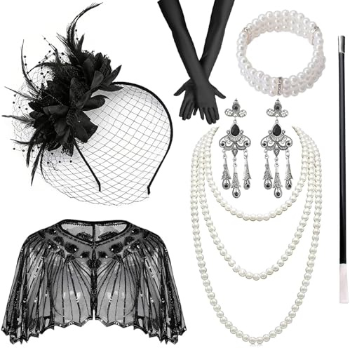 Dtaozfa 20er Jahre Accessoires, 1920s Accessoires Set Für Damen, 20er Jahre Kleid Zubehör, Perfekt Für Karneval, Tanzparty Mit Stirnband, Armband, Halskette, Handschuhen, Ohrringen, Rohr (black cloak)