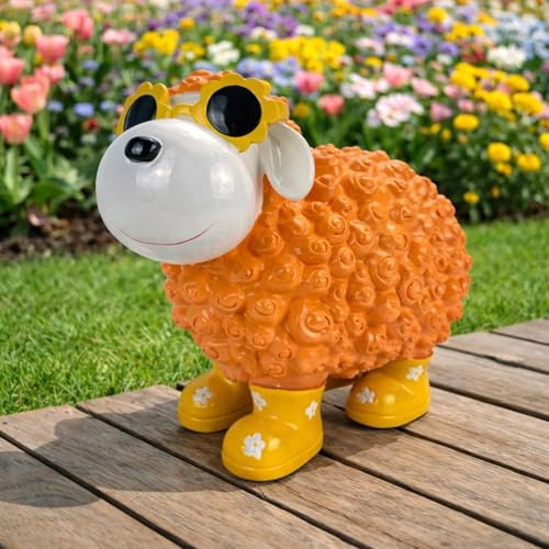 Online Fuchs Gartenfiguren für draußen, Cooles Schaf mit Sonnenbrille - 30 cm groß, wetterfest - Deko Figuren für Garten, Balkon und Terrasse (Orange)