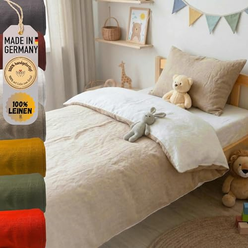 chambry Premium Kinderbettwäsche 100% Leinen - handgefertigt in Deutschland - atmungsaktiv allergieneutral Wendebettwäsche - Bettbezug 100 x 135 cm + Kissenbezug 40 x 60 cm - Weiß/Natur